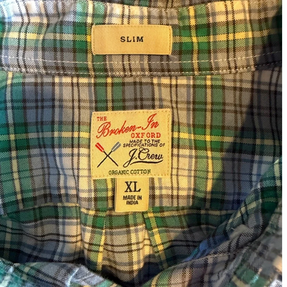 J. Crew Broken-In Oxford Slim Fit Plaid Shirt Mens XL Blue Green Organic Cotton